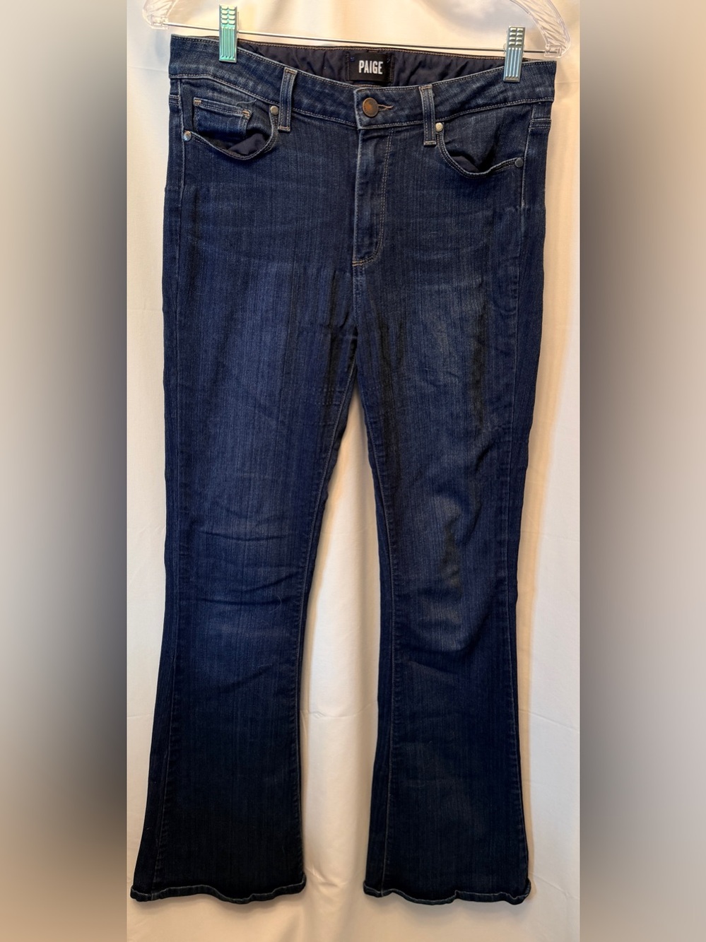 Paige Women’s 29 High Rise Bell Canyon Flare Jeans Blue Dark Wash Stretch Denim‎